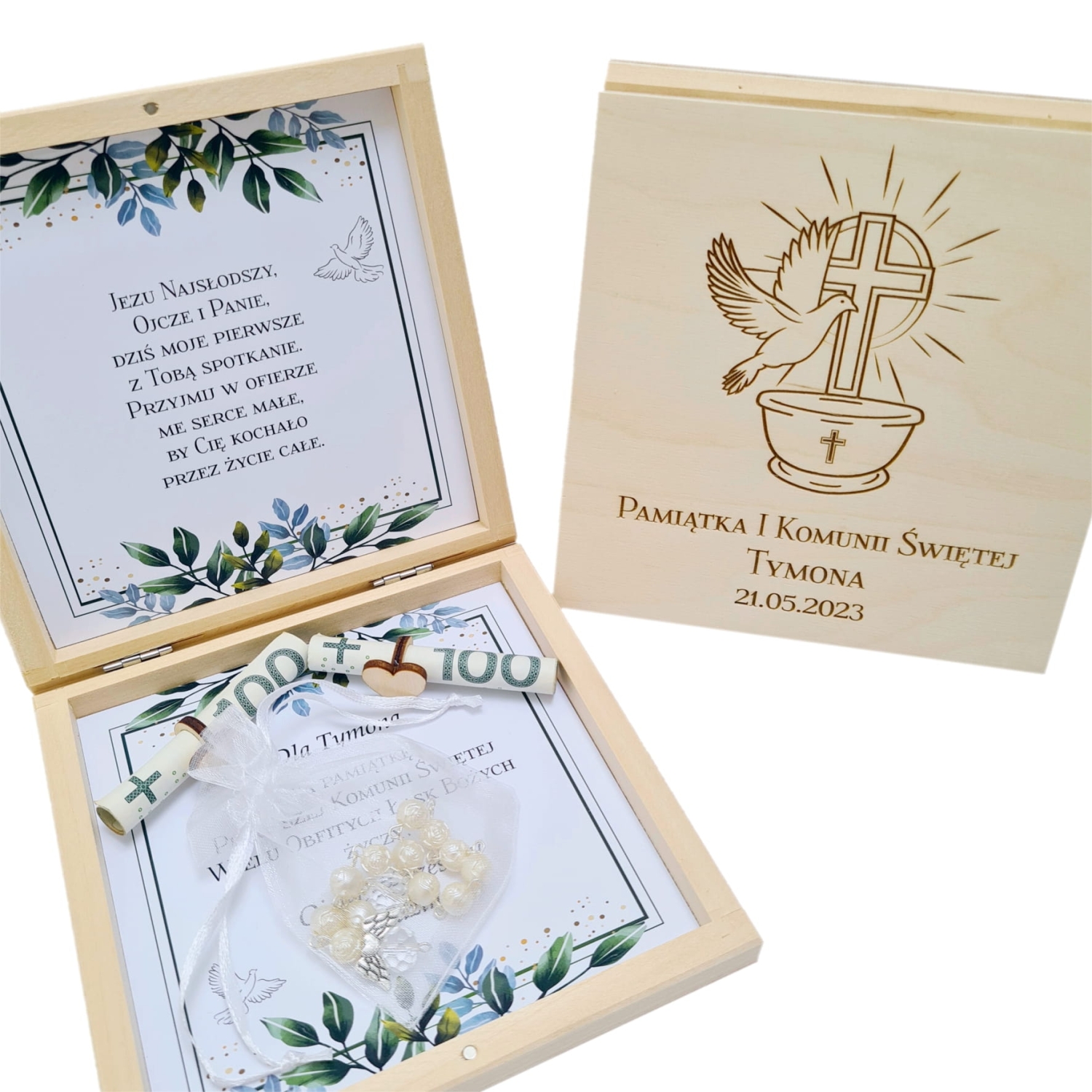 Pamiątka Pierwszej Komunii Świętej różaniec grawerowane pudełko na banknoty personalizowane.jpg