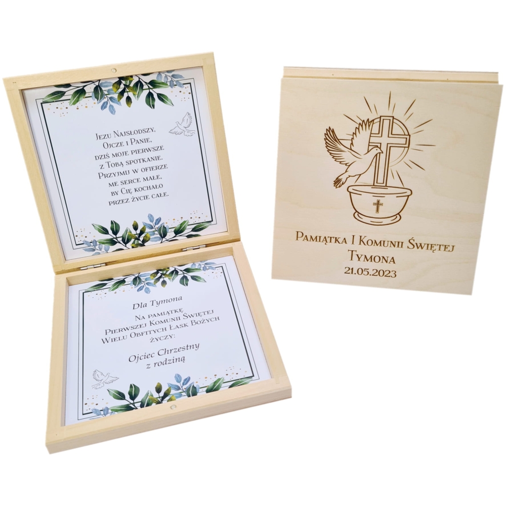 Pamiątka Pierwszej Komunii Świętej różaniec grawerowane pudełko na banknoty.jpg
