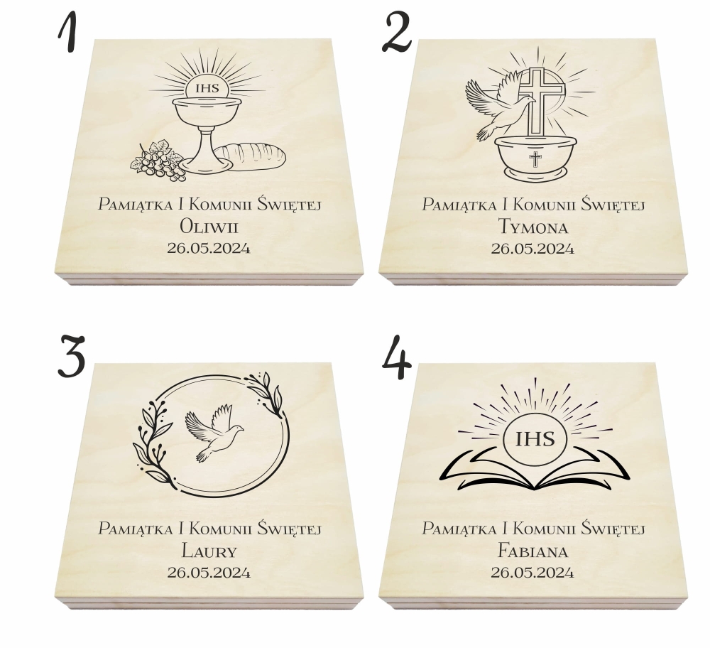 Pamiątka Pierwszej Komunii Świętej grawerowane pudełko na pieniądze kartka na komunię prezent 1-4 grav.jpg