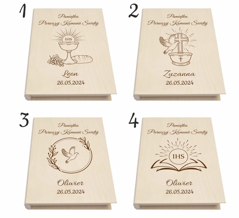 Grawerowane pudełko na Pierwszą Komunię Świętą zestaw biblia dla najmłodszych prezent dla chłopaka i dziewczyny wz 1-4.jpg