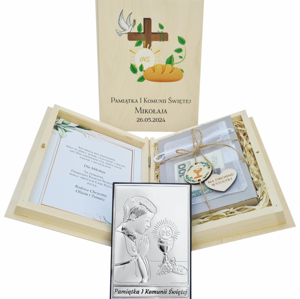 Pamiątka I Komunii Świętej zestaw srebrny obrazek dla chłopca i dla dziewczynki personalizacja.jpg