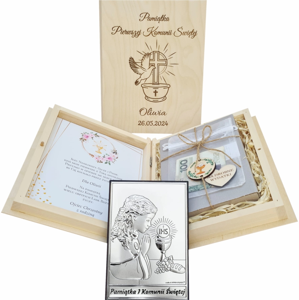 Pamiątka I Komunii Świętej zestaw srebrny obrazek dla chłopca i dla dziewczynki grawerowane pudełko komunijne.jpg