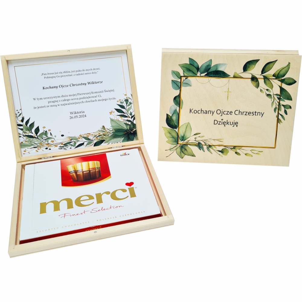 Podziękowanie dla Matki Chrzestnej Ojca Chrzestnego Pierwsza Komunia Święta pudełko na słodycze czekoladki merci.jpg