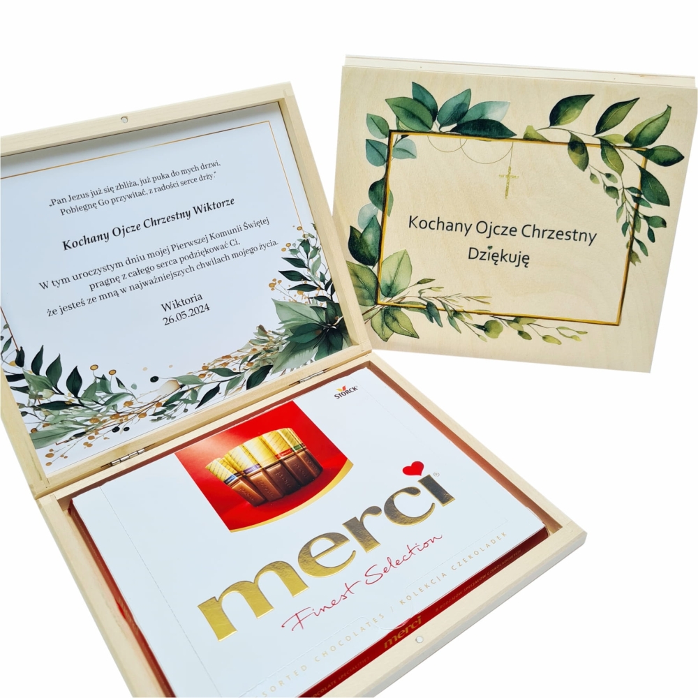 Podziękowanie dla Rodziców Chrzestnych Pierwsza Komunia Święta pudełko na słodycze czekoladki merci.jpg