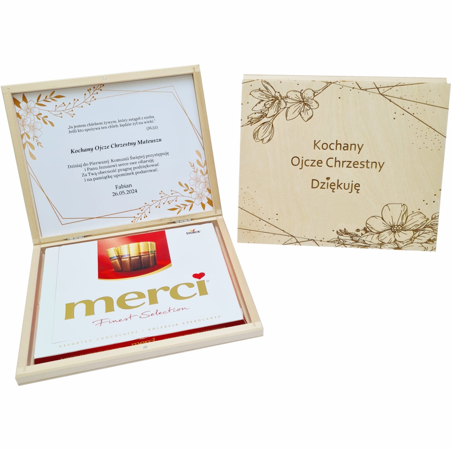 Podziękowanie dla Matki Chrzestnej Ojca Chrzestnego Pierwsza Komunia Święta GRAWEROWANE pudełko na słodycze czekoladki merci.jpg