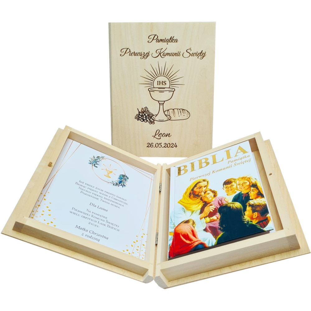 Grawerowane pudełko na Pierwszą Komunię Świętą zestaw biblia dla najmłodszych prezent dla chłopaka i dziewczyny new.jpg