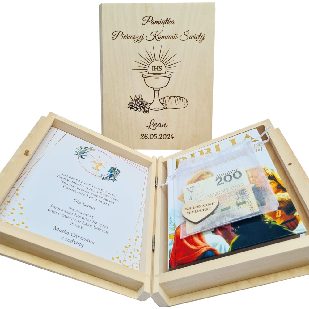 Pamiatka komunijna zestaw z biblią grav dla chłopca dla dziewczynki pudełko na banknoty new.jpg