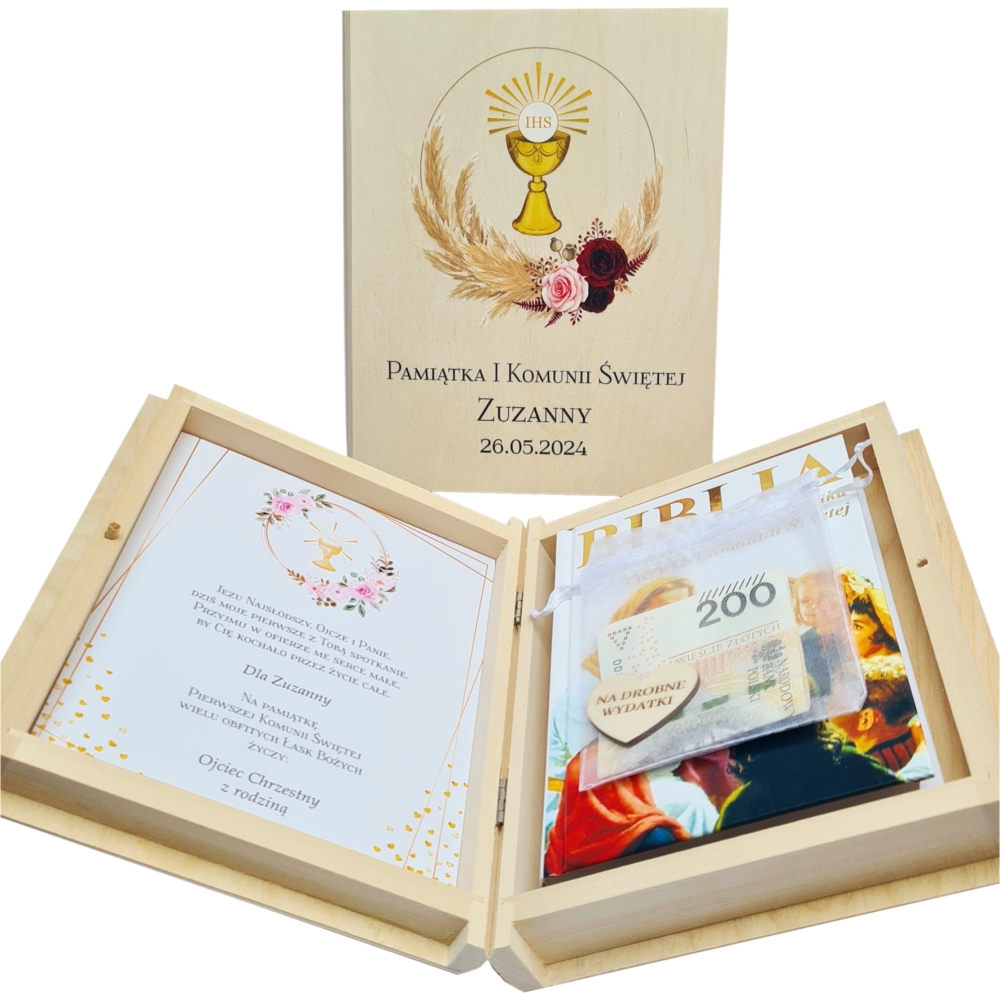Pamiatka komunijna zestaw z biblią dla chłopca dla dziewczynki pudełko na banknoty new.jpg
