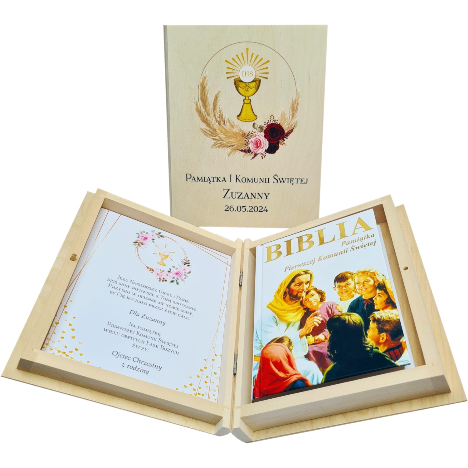 Pamiatka Pierwszej Komunii Świętej zestaw z biblią dla chłopca dla dziewczynki pudełko na pieniądze new.jpg