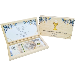 Pamiątka I Komunii Świętej drewniane pudełko na banknoty personalizacja 8 wzorów