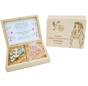 Zestaw Komunijny grawerowane pudełko różaniec Pamiątka Pierwszej Komunii 10 wzorów