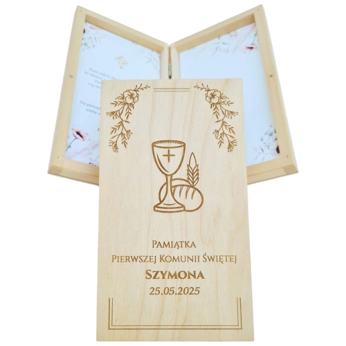 Komunia Pudełko drewniane pionowe na pieniądze banknoty.jpg
