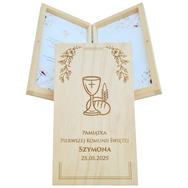 Komunia Pudełko drewniane pionowe na pieniądze banknoty.jpg