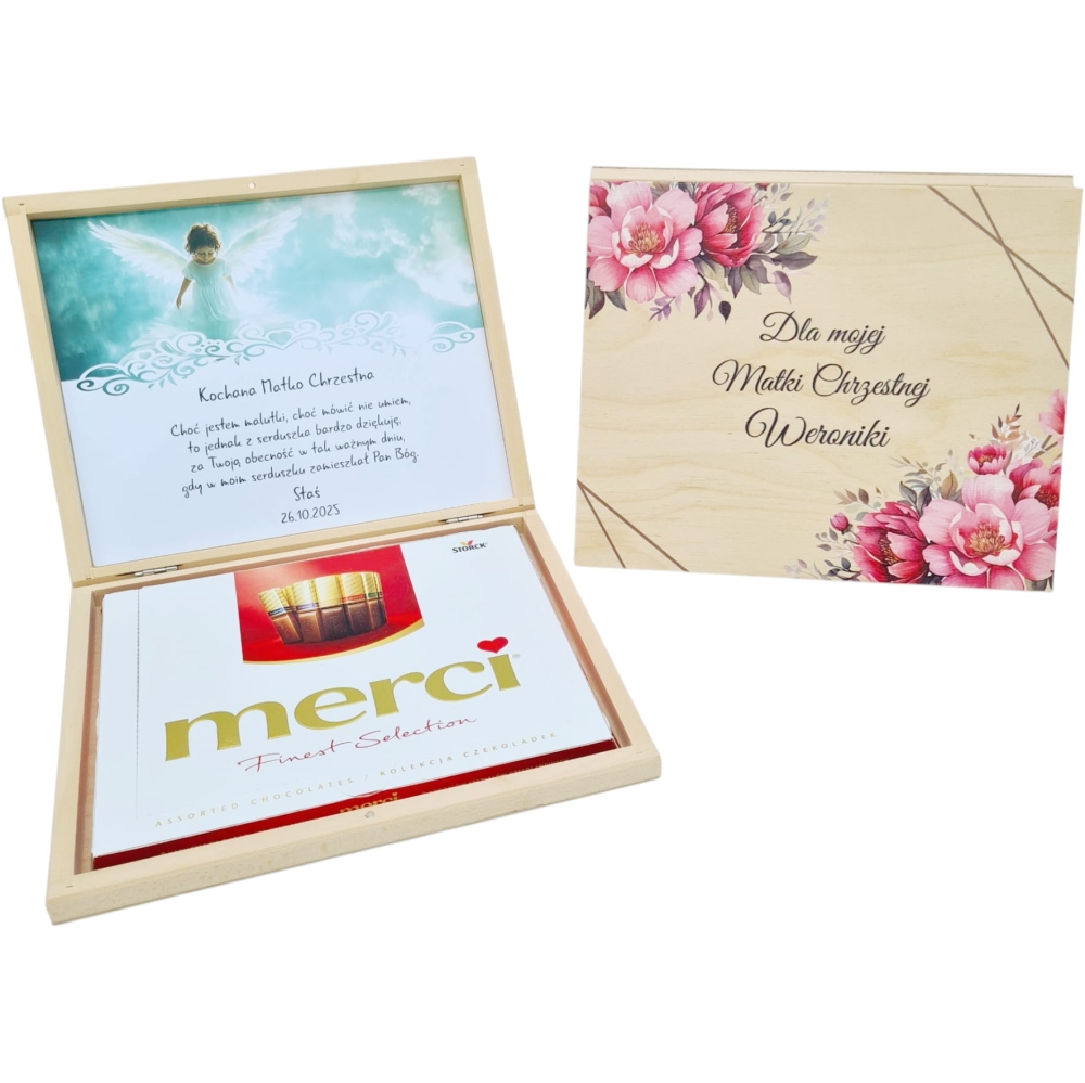 Prezent podziękowanie dla Rodziców Chrzestnych z okazji Chrztu Świętego pudełko drewniane na czekoladki merci.jpg
