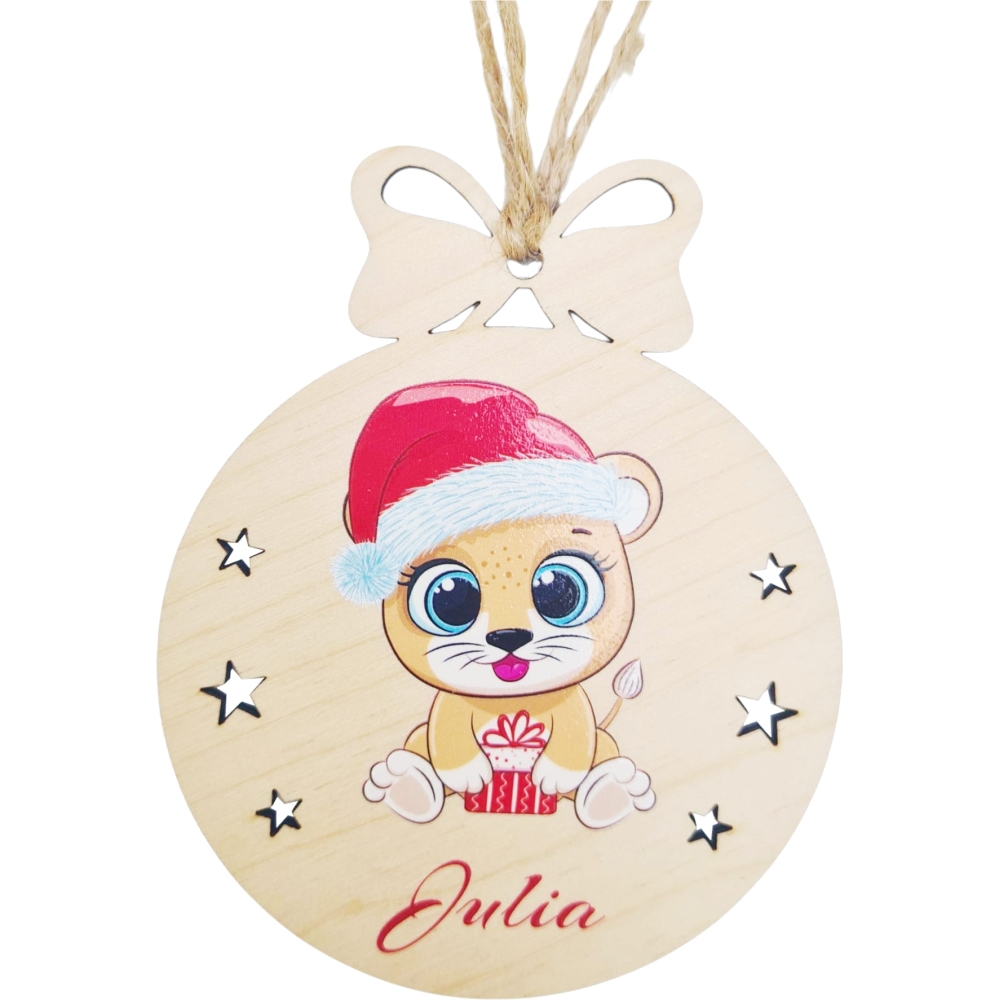 Bombka drewniana z imieniem na choinkę personalizacja kotek świąteczna czapka.jpg
