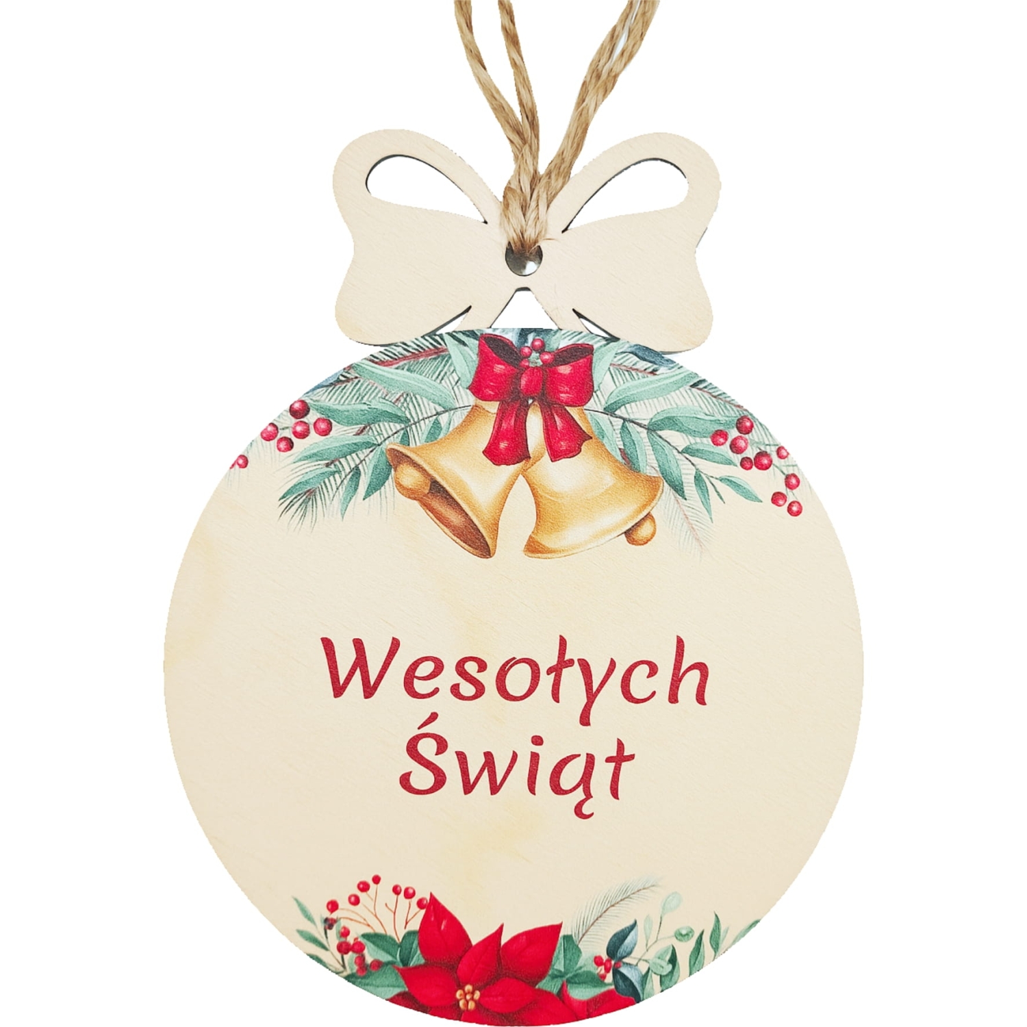 Bombka drewniana na choinkę napis WESOŁYCH ŚWIĄT dzwoneczek wieniec świąteczny.jpg