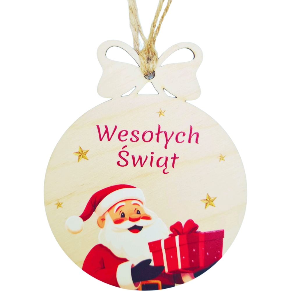 Bombka drewniana na choinkę napis WESOŁYCH ŚWIĄT Mikołaj z prezentem.jpg