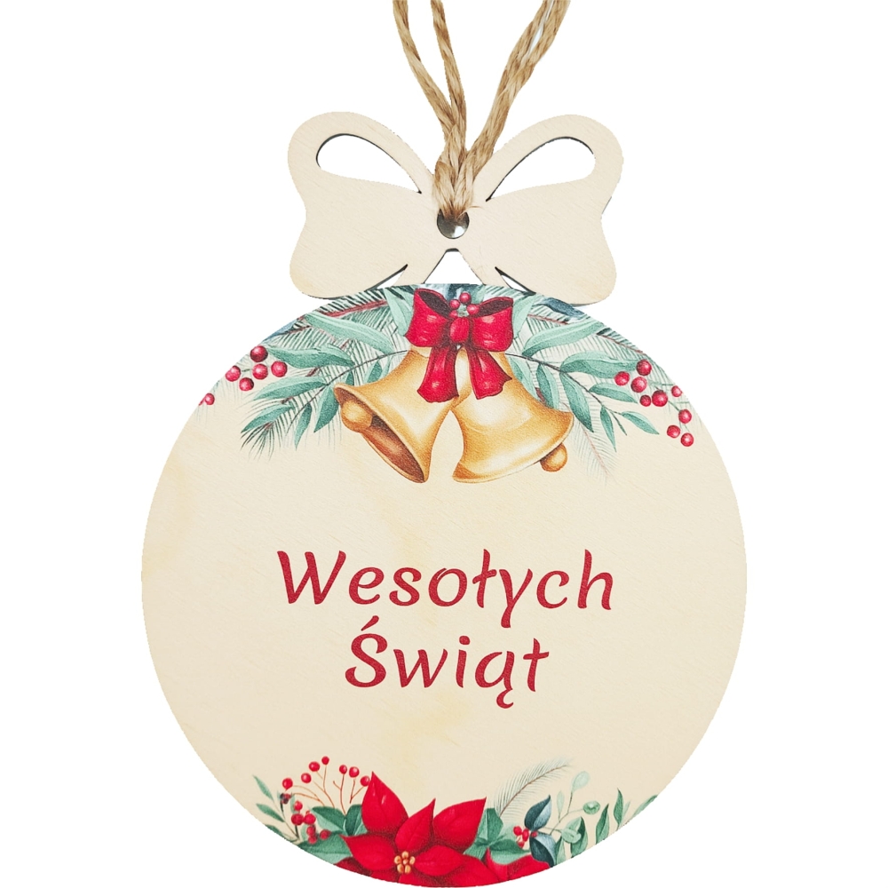 Bombka drewniana na choinkę napis WESOŁYCH ŚWIĄT dzwoneczek wieniec świąteczny.jpg