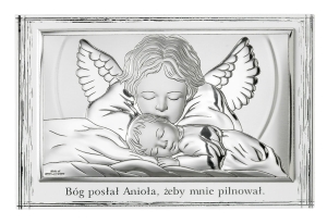 Srebrny Obrazek na Chrzest  Święty Anioł Stróż 13,5x9 - VALENTI